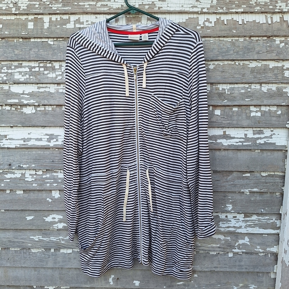 Chico's Black and White Striped Blouse Zip Up Jacket Size 2 Large